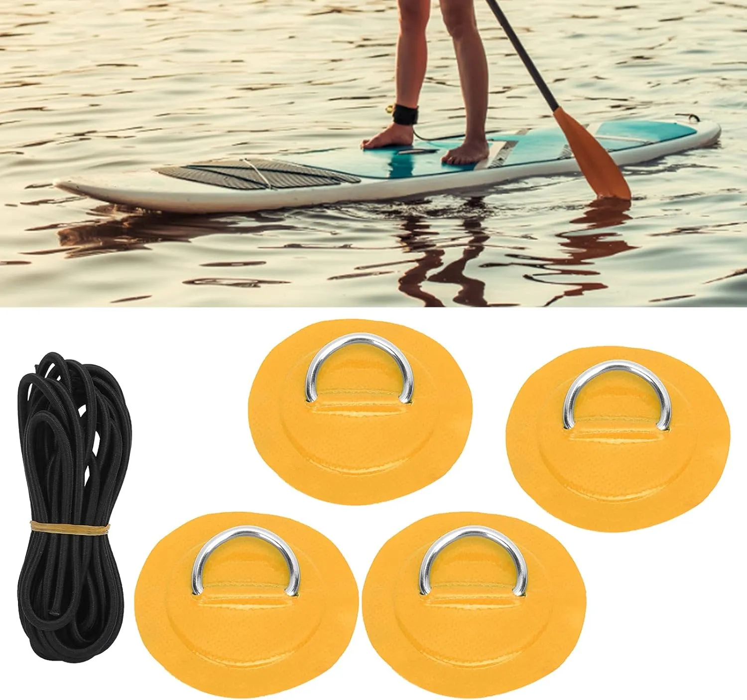 4 Pcs D Patch Elastic Rope Set with 3.6m Bungee Cord, Stainless Steel D Pad for Inflatable Boats, Rafts, Dinghies, to Install