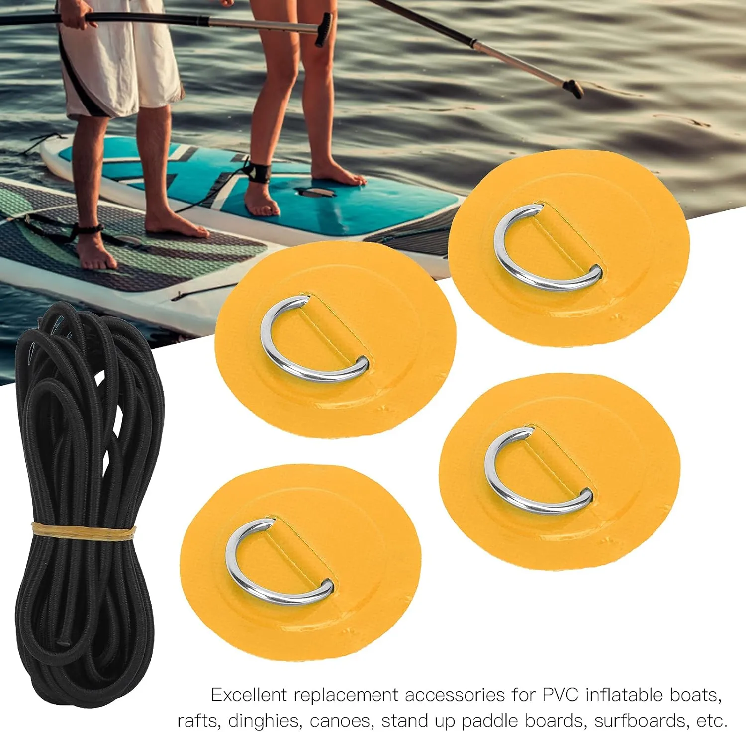 4 Pcs D Patch Elastic Rope Set with 3.6m Bungee Cord, Stainless Steel D Pad for Inflatable Boats, Rafts, Dinghies, to Install