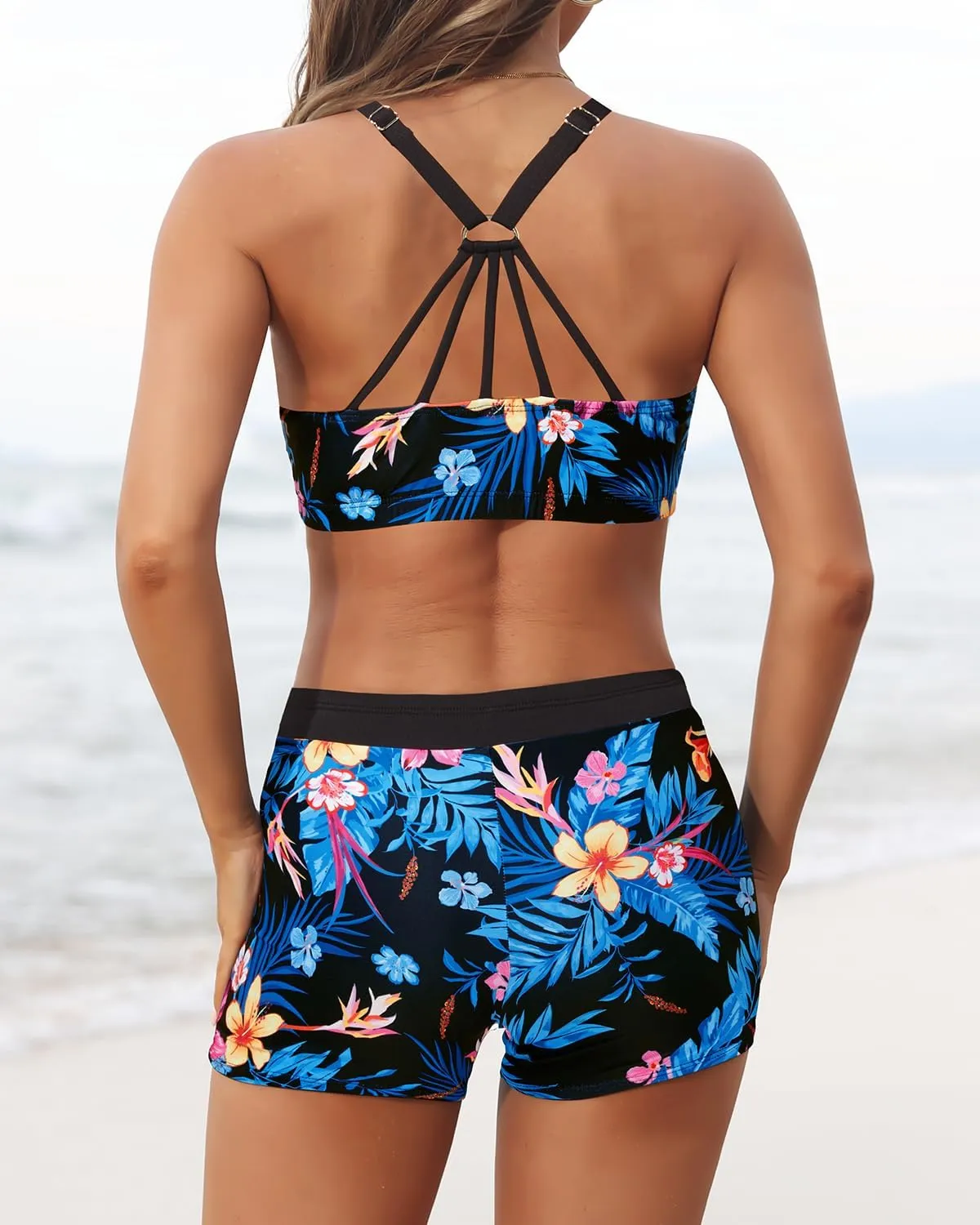 Aqua Eve 3 Piece Tankini Swimsuit for Women Tank Bathing Suit with Shorts Open Back Athletic Swimwear