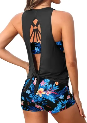 Aqua Eve 3 Piece Tankini Swimsuit for Women Tank Bathing Suit with Shorts Open Back Athletic Swimwear