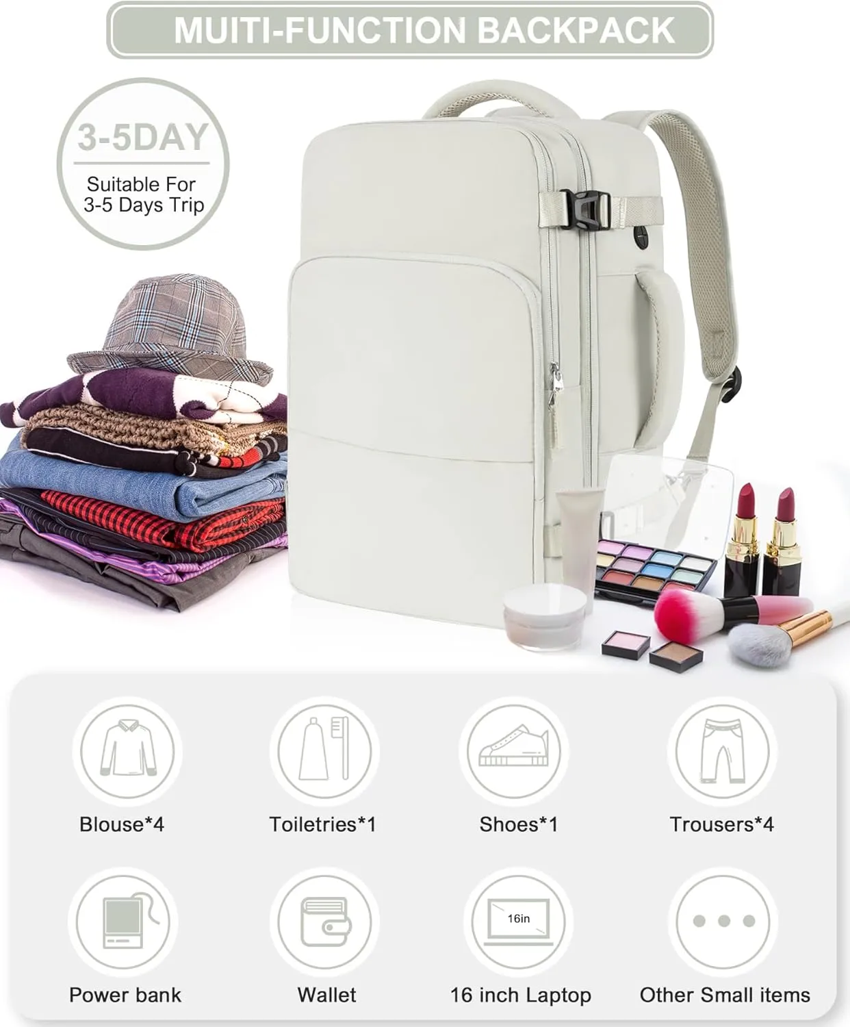 Beraliy Travel Backpack, Carry-on Backpack Airline Approved, Personal Item Bag for Women Men, Hiking Backpack, Business Work Gym Daypack Weekender Bag, Beige