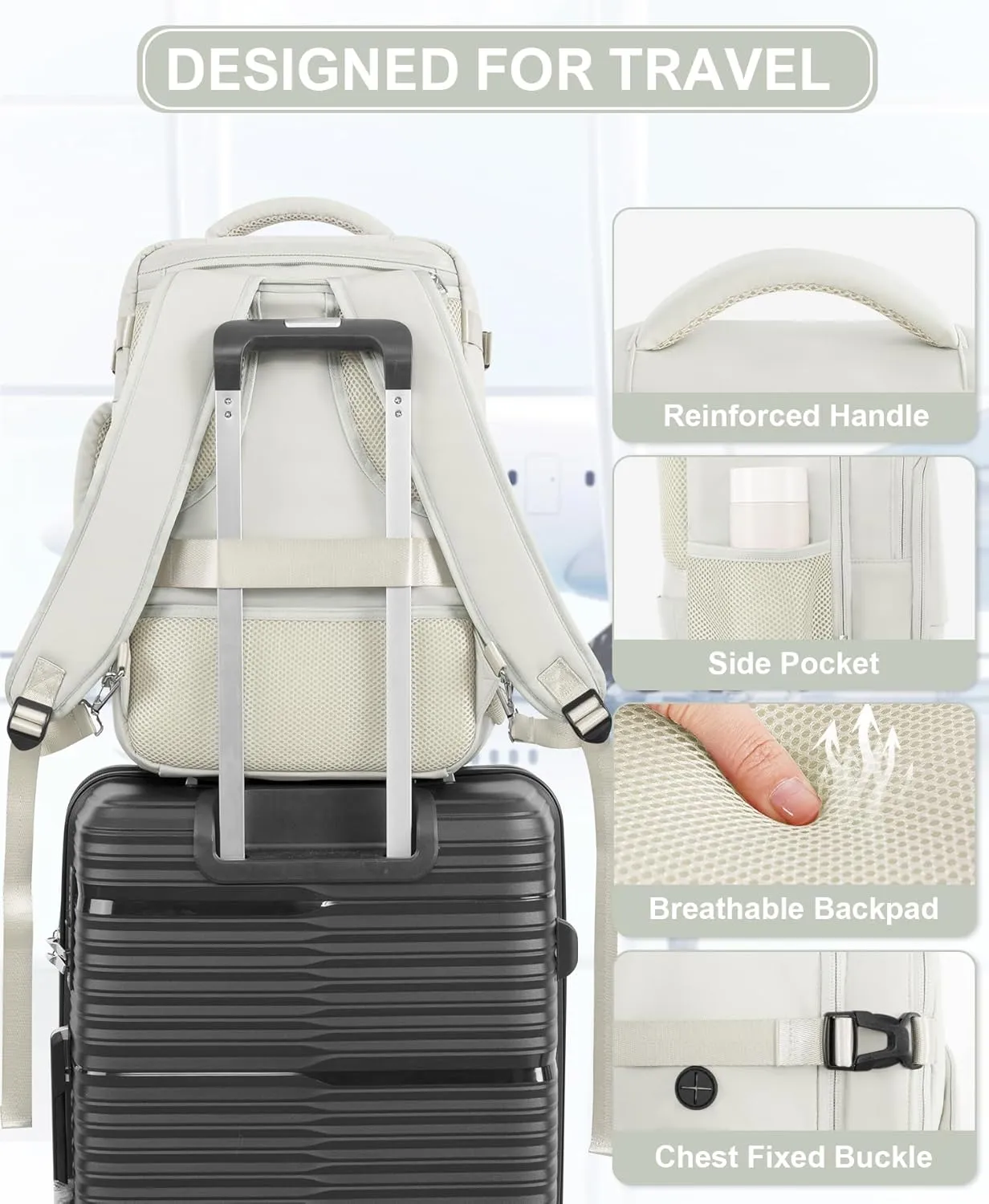 Beraliy Travel Backpack, Carry-on Backpack Airline Approved, Personal Item Bag for Women Men, Hiking Backpack, Business Work Gym Daypack Weekender Bag, Beige