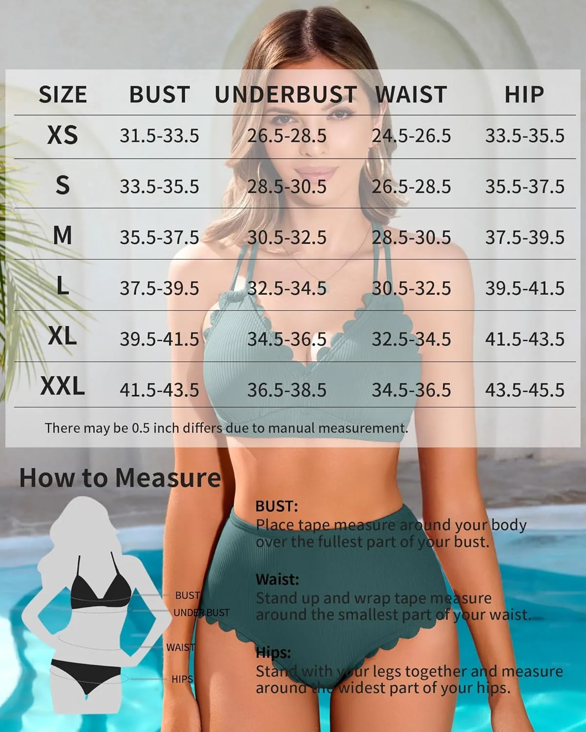 Charmo Women Scallop Trim Bikini Sets Ribbed Two Piece Bathing Suit V Neck High Waisted Swimsuits