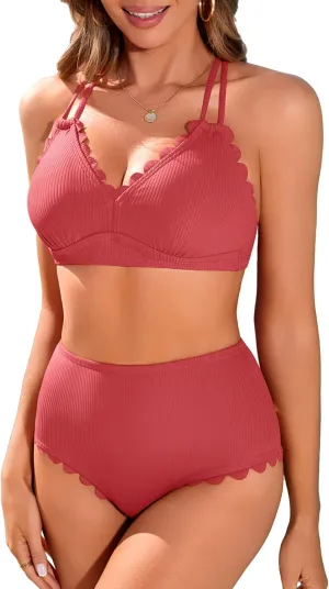 Charmo Women Scallop Trim Bikini Sets Ribbed Two Piece Bathing Suit V Neck High Waisted Swimsuits