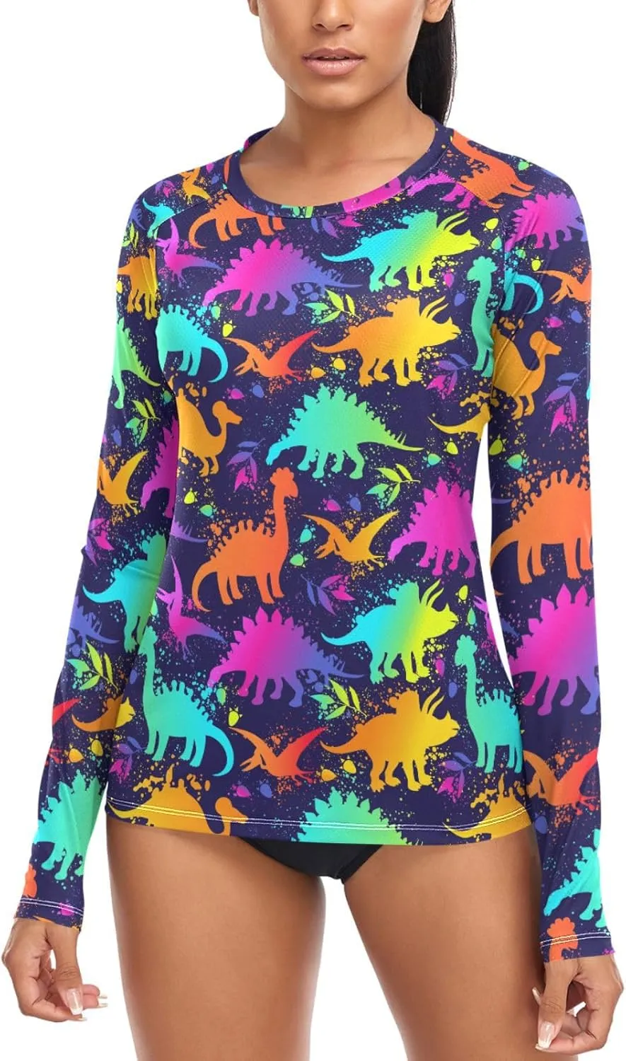 Colorful Neon Dinosaurs Women's Rash Guard Long Sleeve Shirt UPF 50  Sun Protection Swimsuit Swim Top