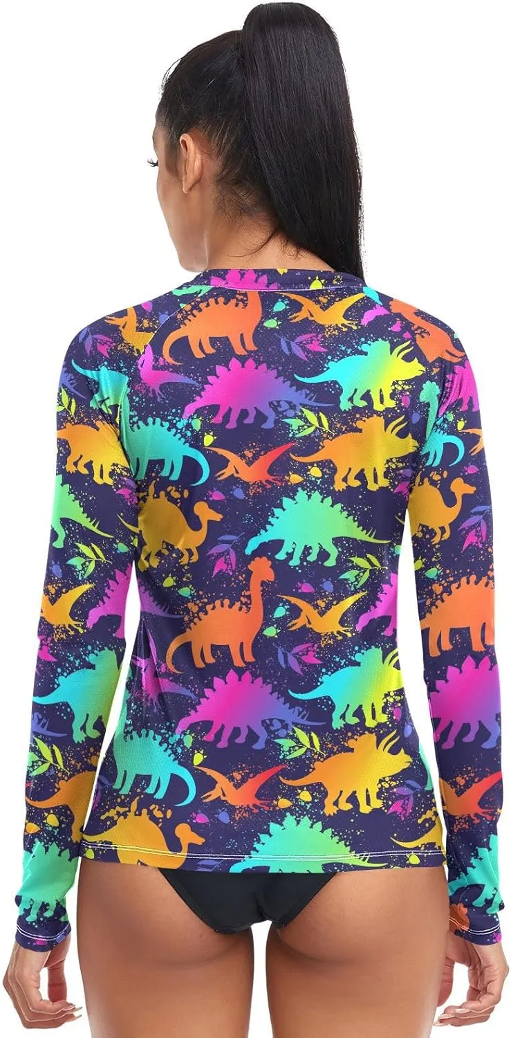 Colorful Neon Dinosaurs Women's Rash Guard Long Sleeve Shirt UPF 50  Sun Protection Swimsuit Swim Top