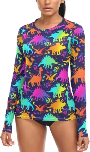 Colorful Neon Dinosaurs Women's Rash Guard Long Sleeve Shirt UPF 50  Sun Protection Swimsuit Swim Top