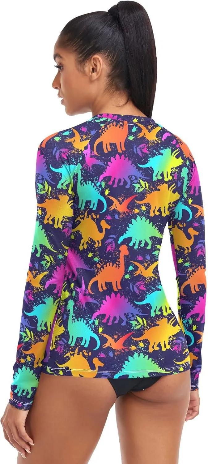 Colorful Neon Dinosaurs Women's Rash Guard Long Sleeve Shirt UPF 50  Sun Protection Swimsuit Swim Top