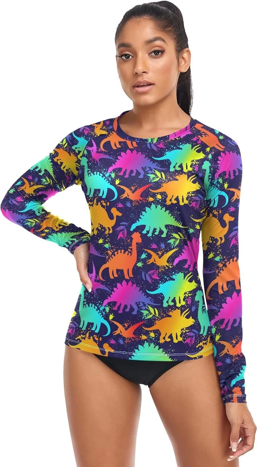 Colorful Neon Dinosaurs Women's Rash Guard Long Sleeve Shirt UPF 50  Sun Protection Swimsuit Swim Top