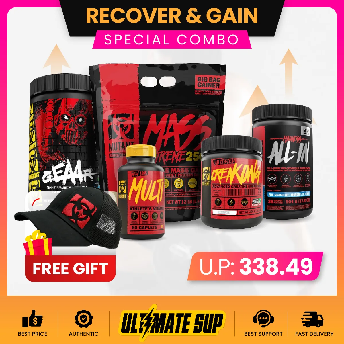 Combo RECOVER & GAIN BUNDLE, Mutant Mass Extreme 12lb   Creakong 249g   Mutant Geaar   Mutant Madness 504g, Muscle Gain