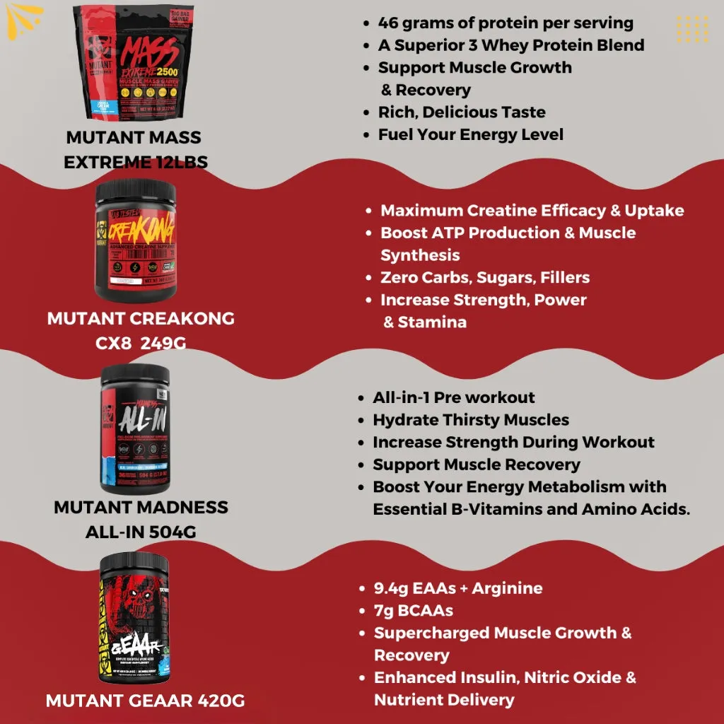 Combo RECOVER & GAIN BUNDLE, Mutant Mass Extreme 12lb   Creakong 249g   Mutant Geaar   Mutant Madness 504g, Muscle Gain