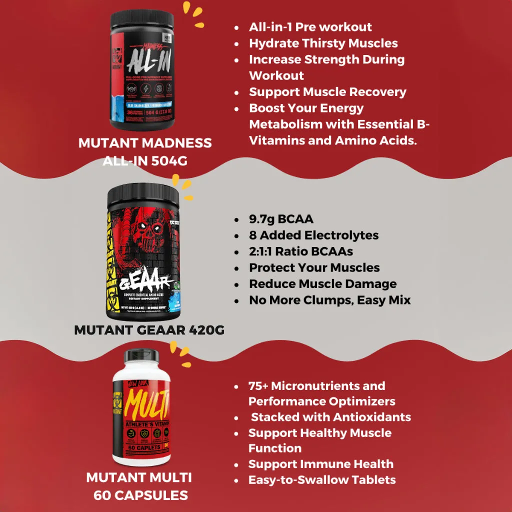 Combo RECOVER & GAIN BUNDLE, Mutant Mass Extreme 12lb   Creakong 249g   Mutant Geaar   Mutant Madness 504g, Muscle Gain