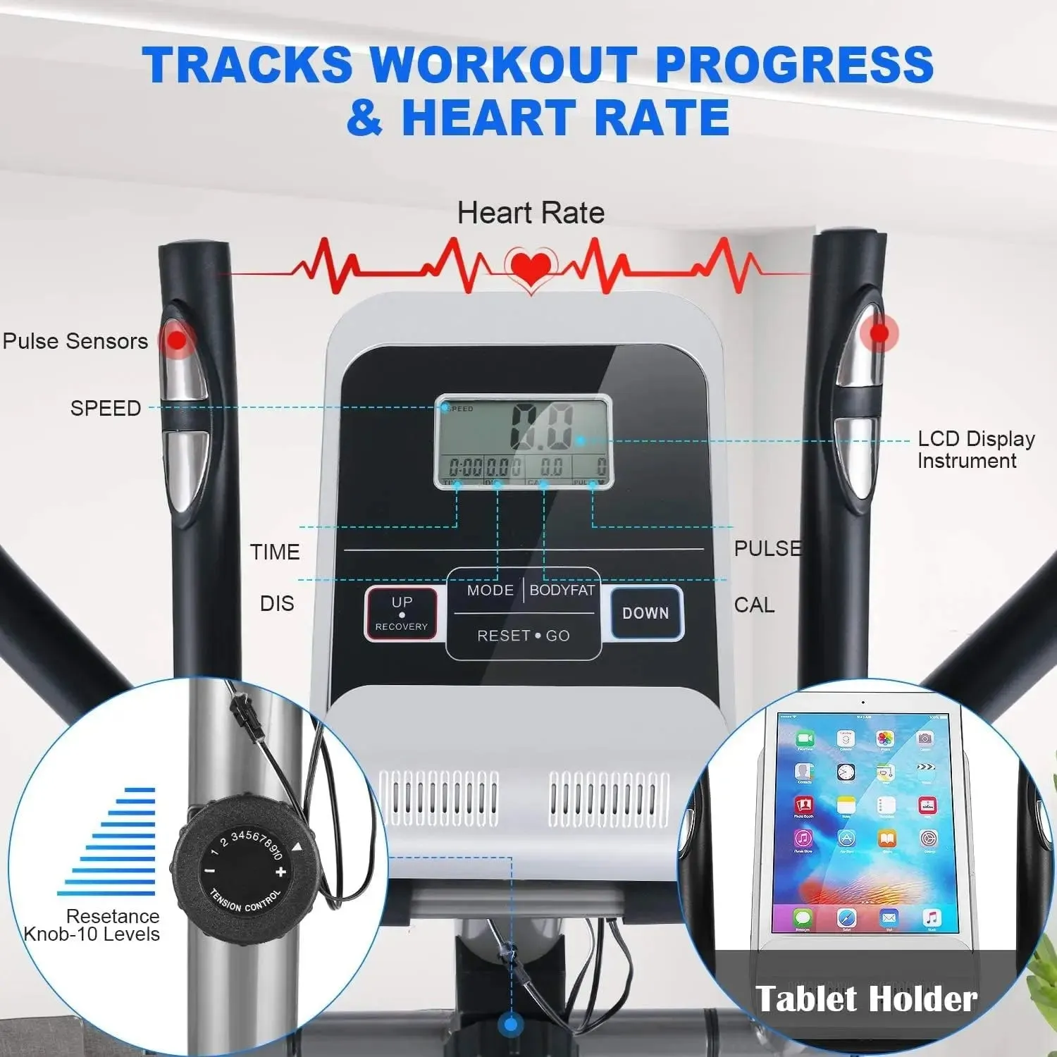 Elliptical Exercise Machine with APP, Heavy-Duty Elliptical Cross Trainer for Home Use, 10-Level Resistance, Max User Weight 390