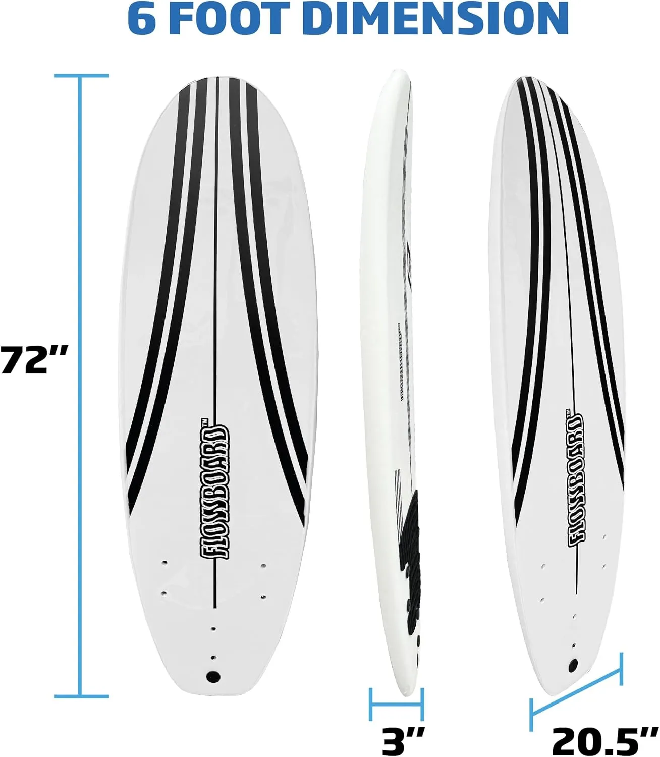 FLOWBOARD Surfboard Softboard Foam - Include (3) Fins 6 Foot Leash and (2) Wood Stringers Inside Board Availalable in 6' and 7' Short Board and 8' Longboard