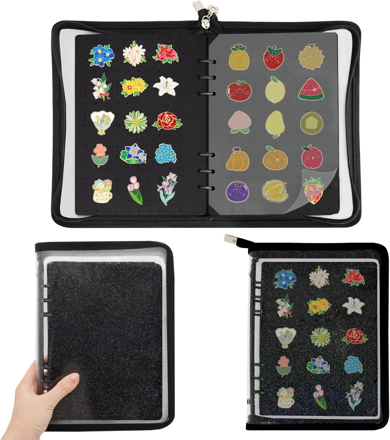 Pin Display Book Enamel Pin Collection Holder Trading Book with 8-Page Display Boards A5 Brooch Pin Storage Organizer Binder Album for Travel Collectors (Glittery Black Shell)
